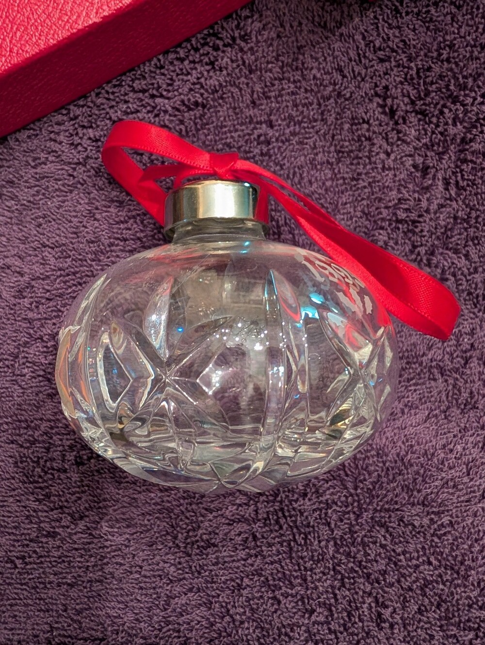 Waterford Crystal Glass Holiday Ornament with Red Ribbon